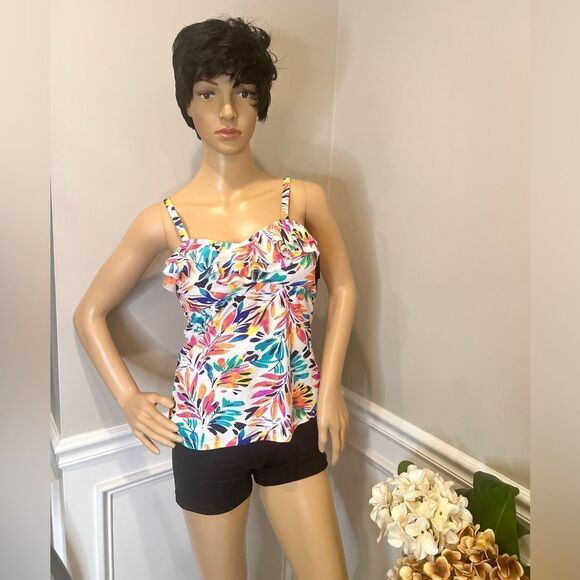 NWT ISLAND ESCAPE White Tropical Print Tankini - Picture 1 of 5